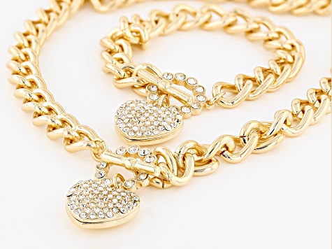 Pave Crystal Heart Gold Tone Cuban Link Necklace & Bracelet
