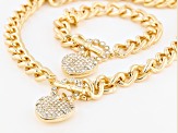 Pave Crystal Heart Gold Tone Cuban Link Necklace & Bracelet