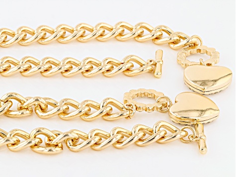 Pave Crystal Heart Gold Tone Cuban Link Necklace & Bracelet