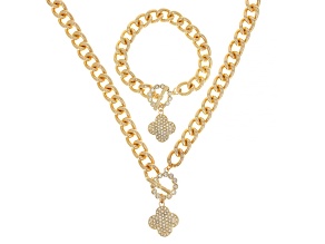 Pave Crystal Clover Gold Tone Cuban Link Necklace & Bracelet