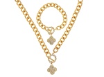 Pave Crystal Clover Gold Tone Cuban Link Necklace & Bracelet