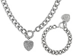Pave Crystal Heart Silver Tone Cuban Link Necklace & Bracelet