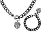 Pave Crystal Heart Hematine Tone Cuban Link Necklace & Bracelet