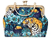 Gold Tone Tiger Fabric Print Clutch