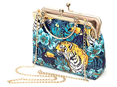 Gold Tone Tiger Fabric Print Clutch