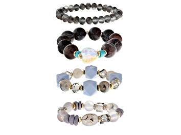 Picture of Multi-Color Resin & White Crystal Gold Tone Set of 4 Stretch Bead Bracelets