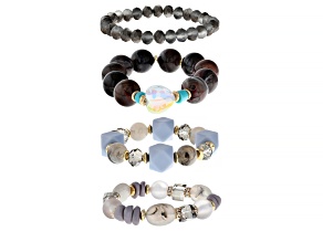 Multi-Color Resin & White Crystal Gold Tone Set of 4 Stretch Bead Bracelets