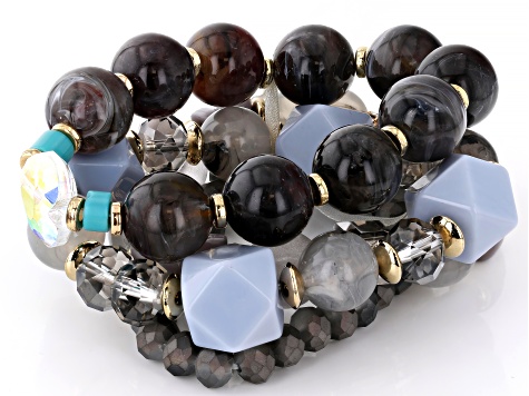 Multi-Color Resin & White Crystal Gold Tone Set of 4 Stretch Bead Bracelets