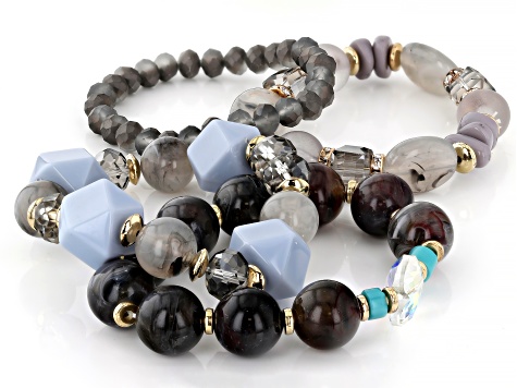 Multi-Color Resin & White Crystal Gold Tone Set of 4 Stretch Bead Bracelets