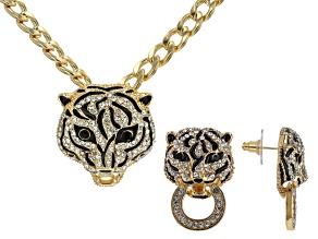Black & White Crystal Gold Tone Tiger 19" Necklace & Earring Set