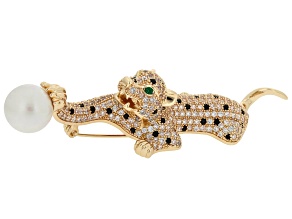 Multi-Color Crystals & Pearl Simulant Gold Tone Leopard Brooch