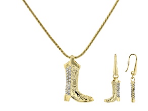 White Crystal Gold Tone Cowboy Boot Necklace & Earring Set