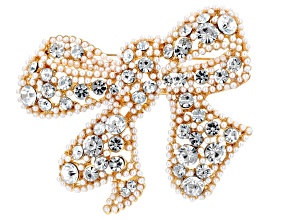 White Crystal With Pearl Simulant Gold Tone Bow Brooch