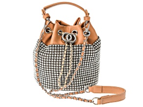 White Crystal Silver Tone Camel Brown Drawstring Bucket Bag