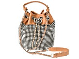 White Crystal Silver Tone Camel Brown Drawstring Bucket Bag