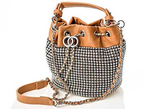 White Crystal Silver Tone Camel Brown Drawstring Bucket Bag