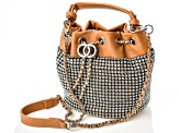 White Crystal Silver Tone Camel Brown Drawstring Bucket Bag