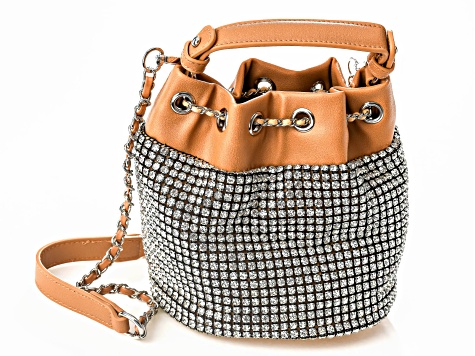 White Crystal Silver Tone Camel Brown Drawstring Bucket Bag