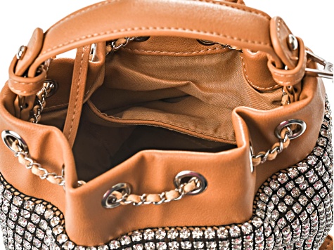 White Crystal Silver Tone Camel Brown Drawstring Bucket Bag