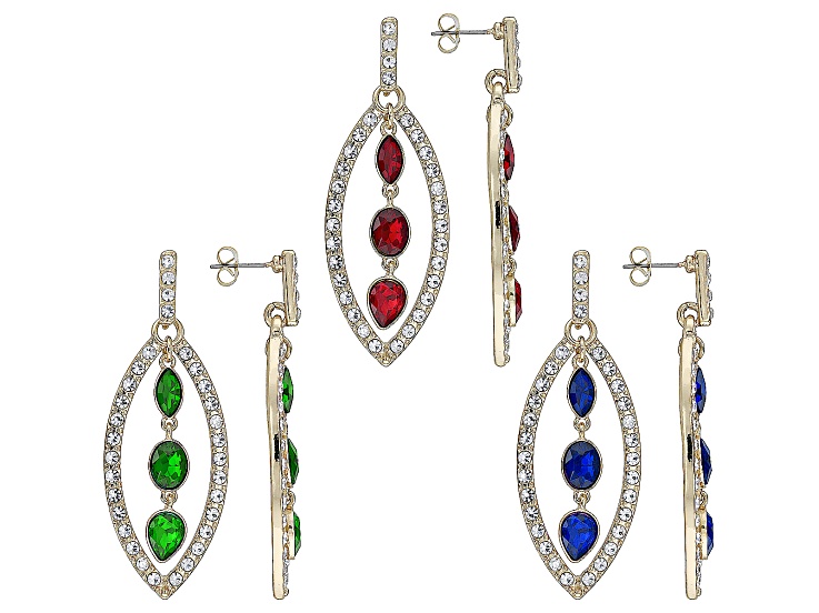 Multi-Color Crystal Gold Tone Set of 3 Dangle Earrings