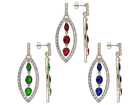 Multi-Color Crystal Gold Tone Set of 3 Dangle Earrings