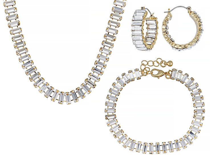 White Crystal Gold Tone Tennis Necklace, Bracelet, & Earring Set