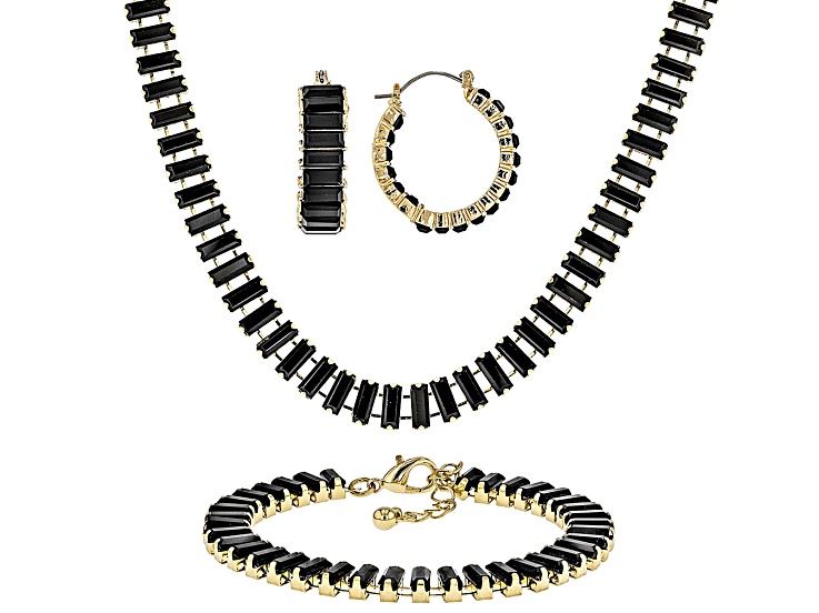 Black Crystal Gold Tone Tennis Necklace, Bracelet, & Earring Set