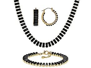 Black Crystal Gold Tone Tennis Necklace, Bracelet, & Earring Set