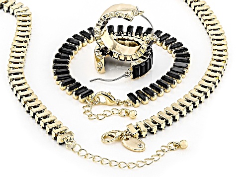 Black Crystal Gold Tone Tennis Necklace, Bracelet, & Earring Set