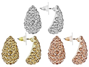 Multi-Color Pave Crystal Tri-Tone Set of 3 Earrings