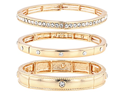 White Crystal Gold Tone Set of 3 Stretch Bracelets