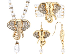 Pearl Simulant & White Crystal Elephant Necklace, Bracelet, & Earring Set