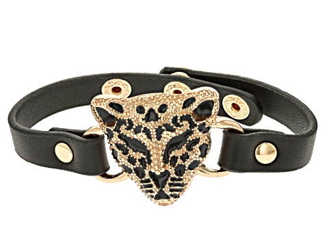 Imitation Leather Gold Tone Leopard Head Bracelet