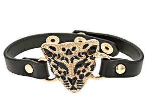 Imitation Leather Gold Tone Leopard Head Bracelet