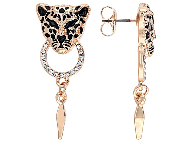 White Crystal Gold Tone Leopard Doorknocker Earrings