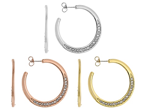 White Crystal Tri-Tone Set of 3 Hoop Earrings