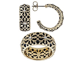 Black Enamel & White Crystal Gold Tone Ring and Earring Set