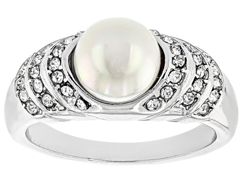 Pearl Simulant & White Crystal Silver Tone Ring