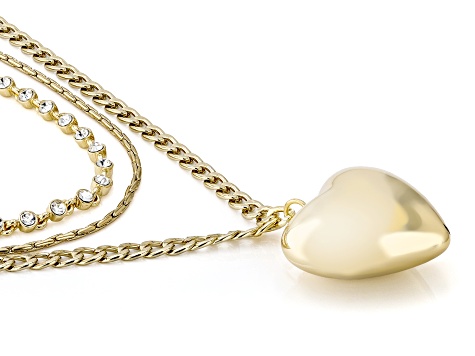 Gold & Silver Tone White Glass Interchangeable 3 Piece Necklace With Heart Charm