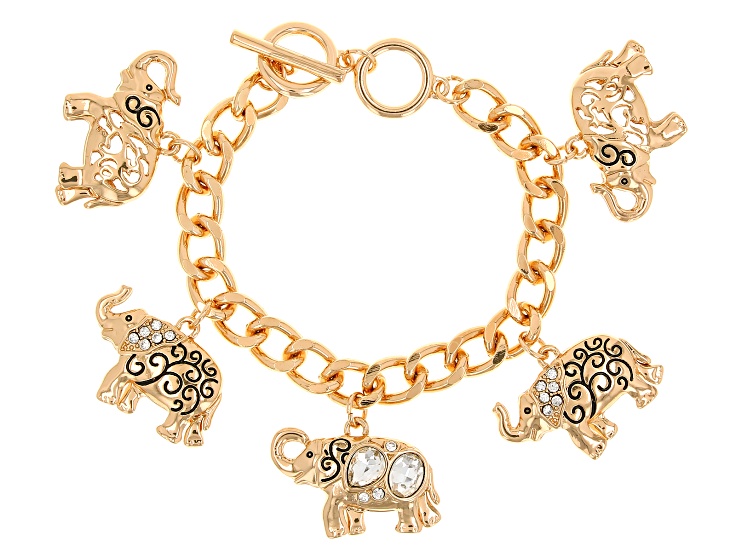 White Crystal Gold Tone Elephant Charm Bracelet OPC1760 JTV