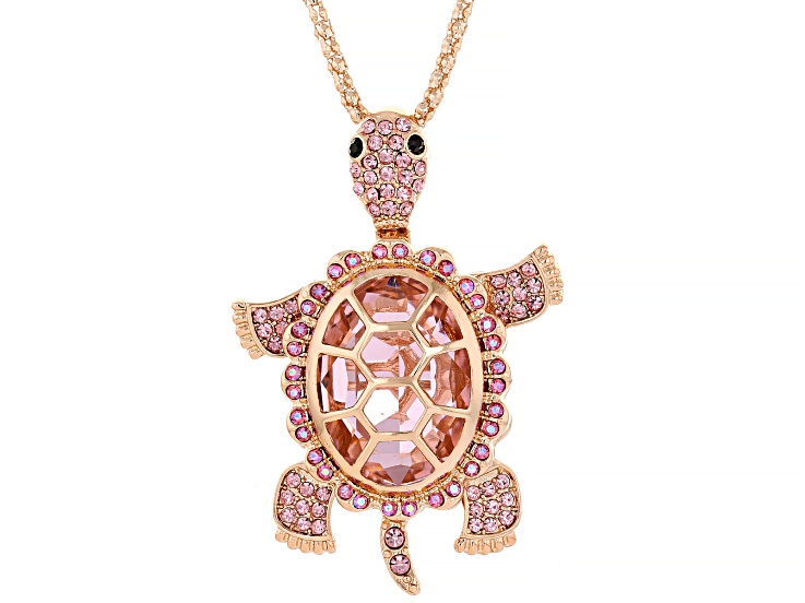 Pink & Black Crystal Gold Tone Turtle Pendant With Chain - OPC1761