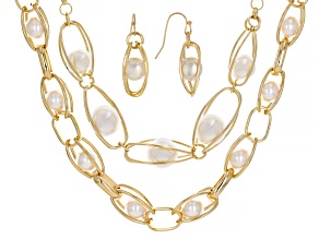 Pearl Simulant Gold Tone 2 Necklace and Earring Set