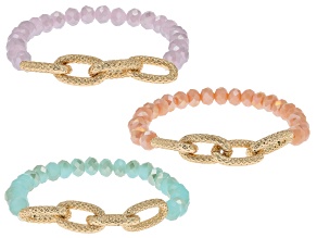 Multi-Color Glass Bead & Link Gold Tone Set of 3 Stretch Bracelet