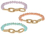 Multi-Color Glass Bead & Link Gold Tone Set of 3 Stretch Bracelet