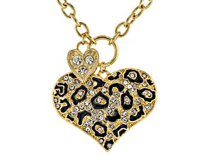 White Crystal Gold Tone Leopard Print Heart Charm Necklace