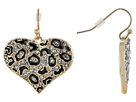 White Crystal Gold Tone Leopard Print Heart Earrings