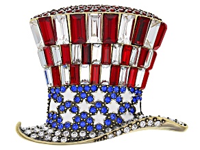Multi-Color Crystal With White Enamel & Antiqued Gold Tone Patriotic Hat Brooch