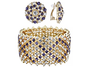 Blue Tanzanite Color & White Crystal Gold Tone Stretch Bracelet & Clip-on Earring Set