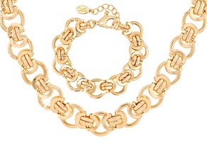 Gold Tone 15mm Double Link "Cuff" Chain Necklace & Bracelet Set