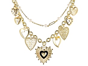 Pearl Simulant With Crystal Gold Tone Heart Charm Necklace, 4-6mm